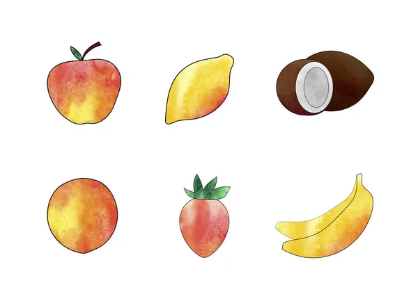 Vetor frutas ícones simples com texturas aquarela isolados —  Vetores de Stock