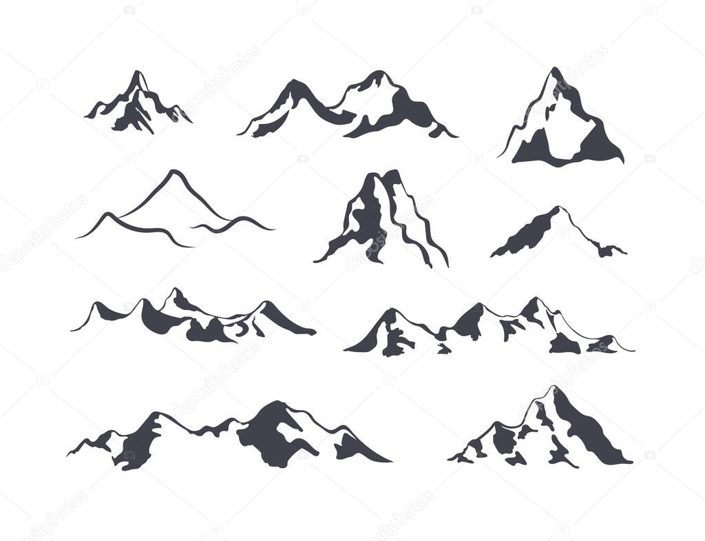 Vector mountains, nature logos, icons set isolated on white background, mountains shapes, different hills, ranges and tops.