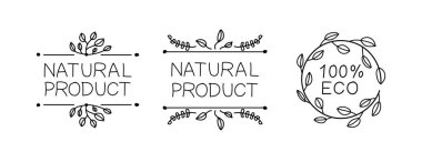 Doğal ürün el çizimi tabelaları, beyaz arka planda siyah çizimler, ekoloji dostu ürün.