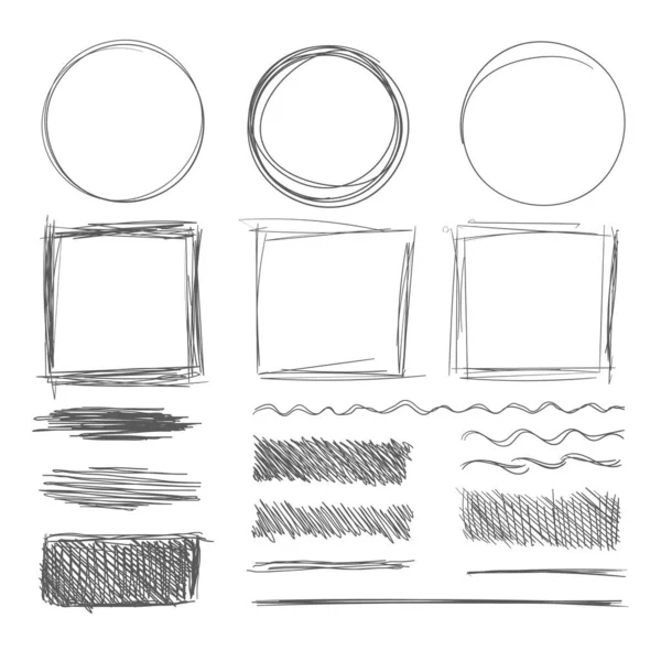 El çizimi karalama çizgileri ve geometrik şekiller beyaz arkaplanda izole edilmiş, karalama biçimi çizilmiş tasarım elemanları, gölgeli ve yumurtadan çıkmış çerçeveler, vektör.