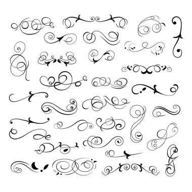 Beyaz arka planda izole edilmiş vektör çiçek girdapları, siyah çizgiler, süslü çerçeveler, filigran elementler.