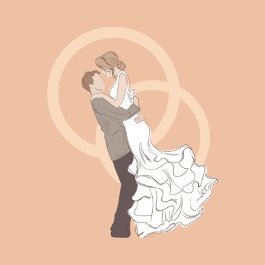Vector Wedding Çifti Aşık, El Çizimi Resim İzolasyonu, Beyaz Gelinlik ve Yüzüklü Erkek ve Kadın Arkaplanda.
