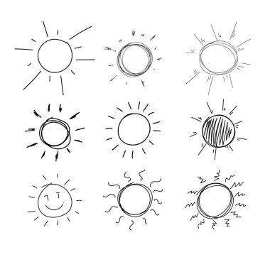 Vektör karalama güneşi, karalama çizgileri, el çizimi siyah simgeler beyaz arkaplanda izole,.