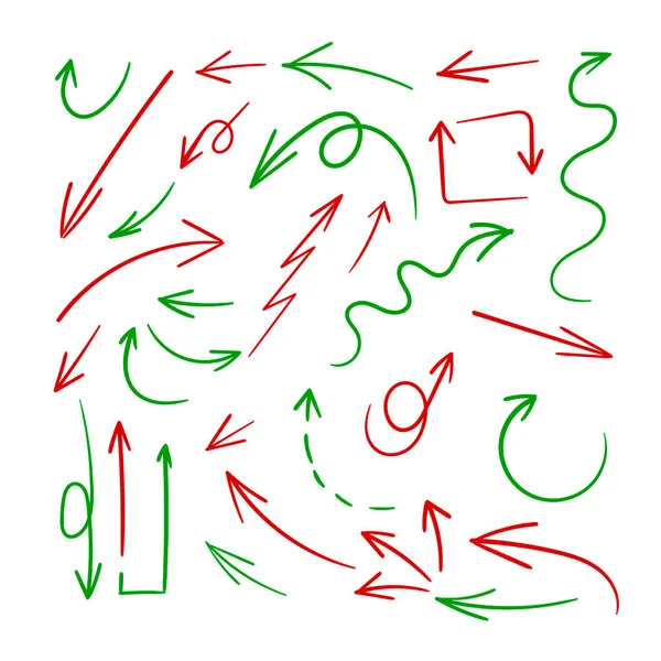 Vector Συλλογή Από Ζωγραφισμένα Στο Χέρι Πράσινα Και Κόκκινα Βέλη — Διανυσματικό Αρχείο