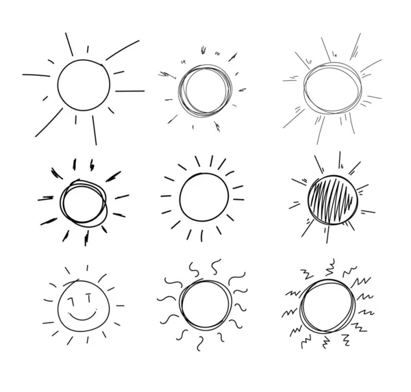 Vektör karalama güneşi, karalama çizgileri, el çizimi siyah simgeler beyaz arkaplanda izole,.