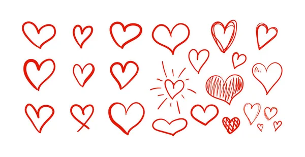 Vector Set of Hand Drawn Red Hearts, Freehand çizimleri Beyaz Arkaplanda, Romantik Simgeler.