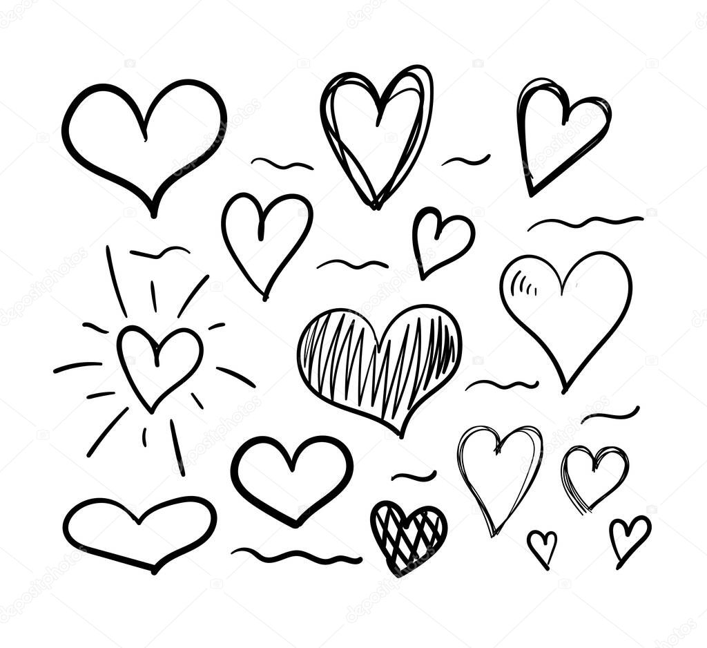 Vector hand drawn hearts, black lines drawing isolated on white background, wedding icons, love symbols collection.