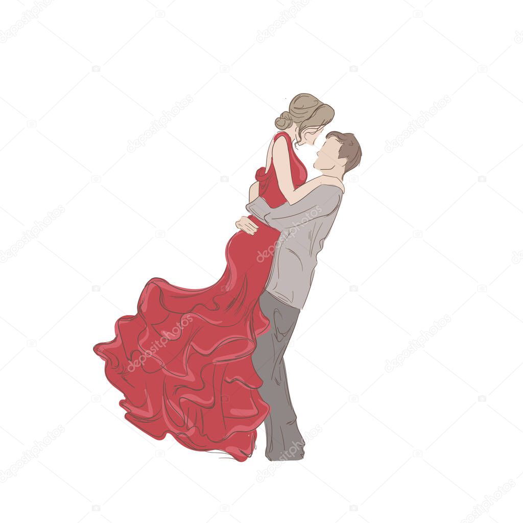 Vector Couple in Love Sketch, Valentines Day Hand Drawn Illustration Isolated on White Background, Man and Woman in Red Dress.