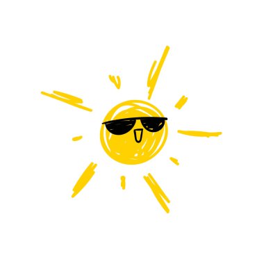 Vector Doodle Funny Sun Isolated on White Background, Bright Yellow Smiling Sun.