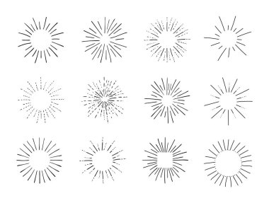 Vector Set of Retro Circle Frames, Rays, Shining Isolated on White Black Outline Drawings, Vintage Sketch Design Elements Collection.