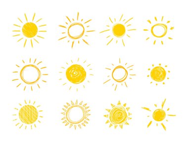 Vector Doodle Sun, Set of Hand Drawn Funny Icons Isolated on White Background, Bright Yellow Color.