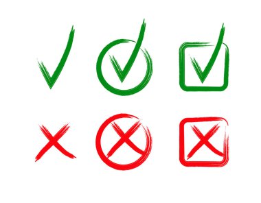 Vector Check and Cross Signs, Correction Marks in Circles and Square Isolated on White Background, Design Elements Set.