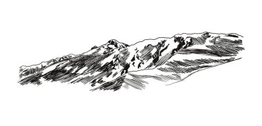 Vector Hill Sketch, Mountains Illustration, Vintage Style Drawing Isolated on White Background, Climbing Mountain Concept.