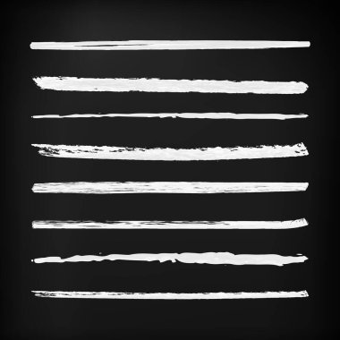 Vector Set of White Chalk Brushes on Black Background, Textured Lines.