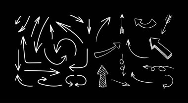 Vector Sketched Design Elements Set Isolated on Black Background, White Lines, Chalk Drawn Illustration, Blackboad Drawings, Arrows.