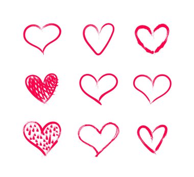 Vector Set of Hand Drawn Bright Colorful Hearts Isolated on White Background, Grunge Set.