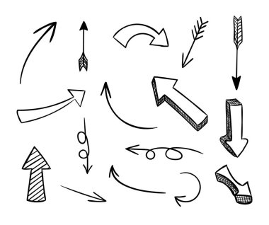 Vector Doodle Arrows, Black Drawings Set Isolated on White Background, 3D Hand Drawn Icons.