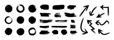 Vector black paint brush strokes set isolated on white background, japanese enso circles, different ink blots and arrows, dry painting elements collection.