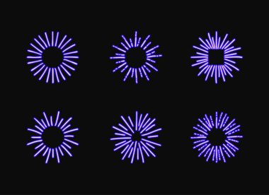 Vector Neon Blue Retro Shine Icons Set Isolated on Dark Background, Vintage Design Elements Collection, Circle Shapes.