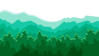 Vector Mountains Background, Green Forest, Colorful Illustration, Flat Layers, Graphic Backdrop, Wild Nature.