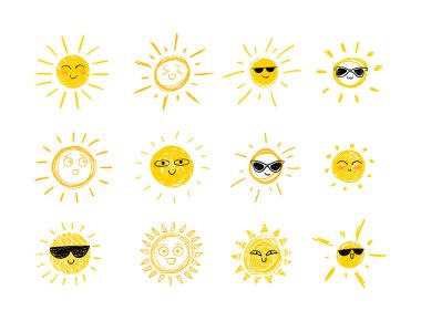 Vector Doodle Suns with Sun Glasses and Smiles, Set of Hand Drawn Funny Icons Isolated on White Background, Bright Yellow Color.