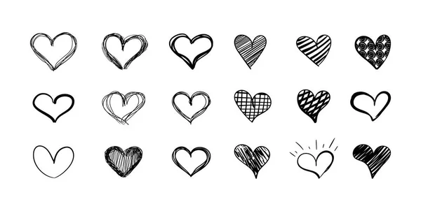 Vector Set Hand Drawn Hearts Isolated White Background Black Scribble — Vetor de Stock