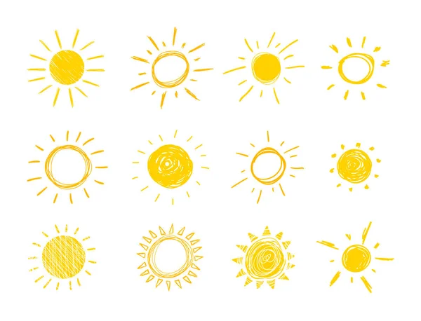 Vector Doodle Sun, Set of Hand Drawn Funny Icons Isolated on White Background, Bright Yellow Color.