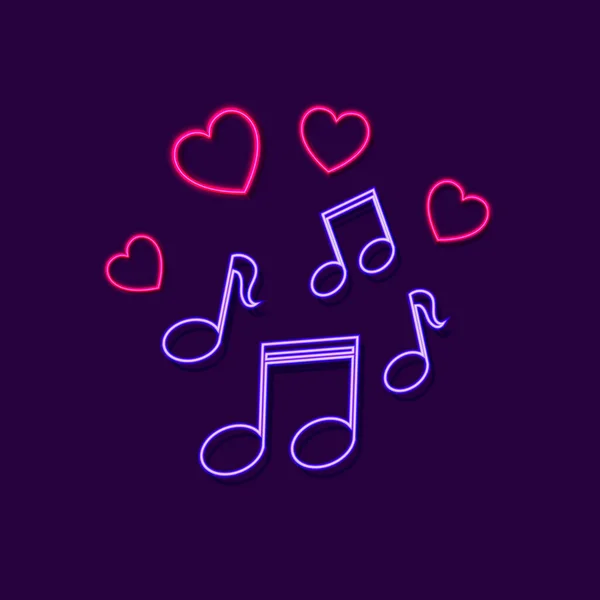 Vector Music Notes ans Hearts Neon Sign Glowing on the Dark Background, Colorful Illustration, Night Signage, Neon Lights, Billboard Template.
