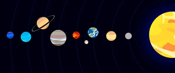 Vector Solar System Illustration Dark Background Shiny Sun Planets Earth — Stock Vector