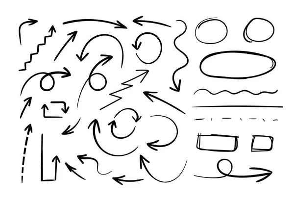 Vector Hand Drawn Arrows and Circles, Design Element Set, Black Arrows Isolated on White Background.