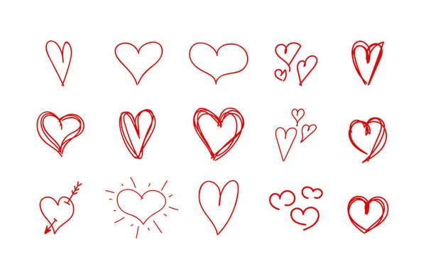 Vector Set Red Hand Drawn Hearts Handdrawn Rough Marker Icons — Vetor de Stock