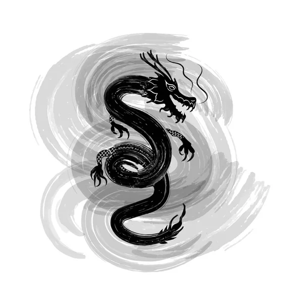 Vector Ink Painting Dragon Isolated on White Background, Oriental Decorative Element, Eastern Dragon Sketch.