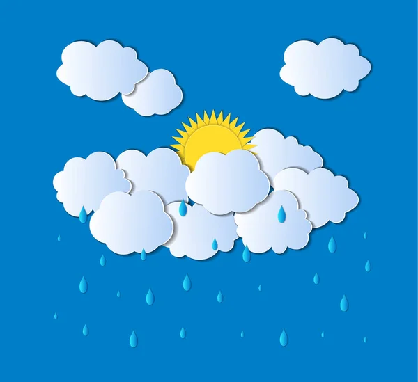Vector Illustration of Rainy and Sunny Weather, Paper Art Style, Colorful Background Template.