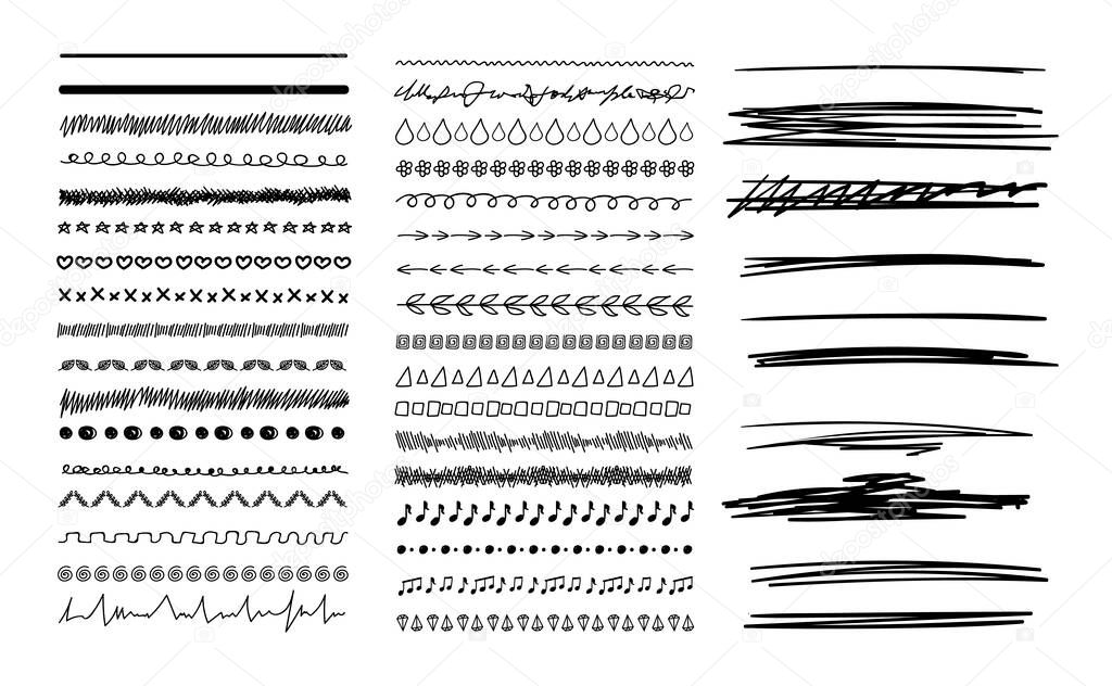Vector Set of Black Hand Drawn Doodle Lines Isolated on White Background, Design Elements, Black and White.