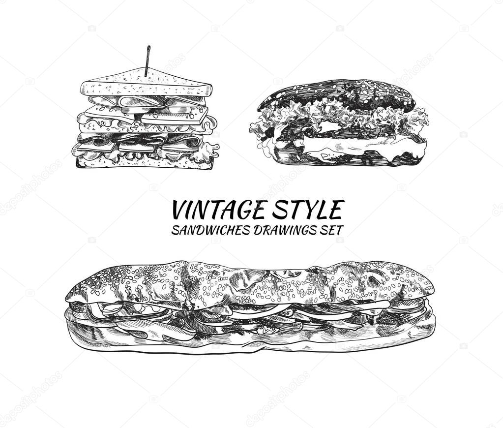 Vector Hand Drawn Sandwiches, Fast Food Illustrations Set, Drawings Isolated on White Background, Different Sandwiches and Burgers.