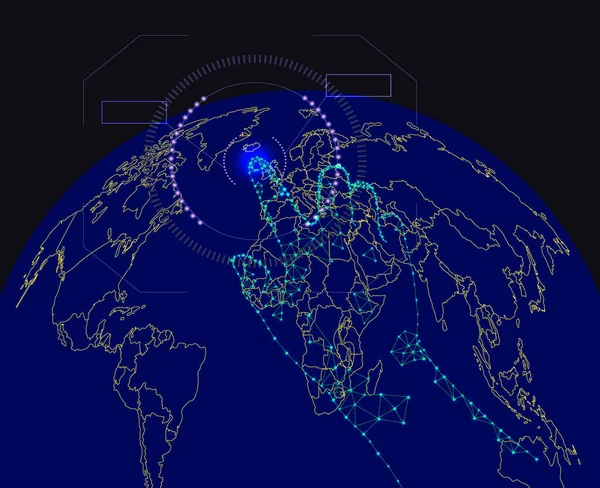 Carte Monde Vectoriel Doigt Pointage Cybernétique Globe Terrestre Bleu Éléments — Image vectorielle