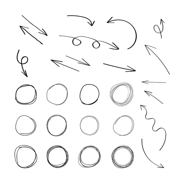 Διάνυσμα Χέρι Ζωγραφισμένα Βέλη Και Γράψει Κύκλους Σετ Στοιχεία Σχεδιασμού — Διανυσματικό Αρχείο