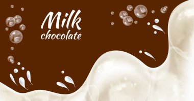 Vector Milk Çikolata Arkaplanı, Sütlü Dalgalar ve Kahverengi Çikolata Arkaplanda Damlalar.