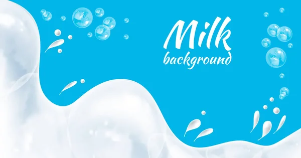 Fond de lait vectoriel, vagues et éclaboussures de boisson, gouttes et bulles colorées, graphique bleu vif et blanc. — Image vectorielle
