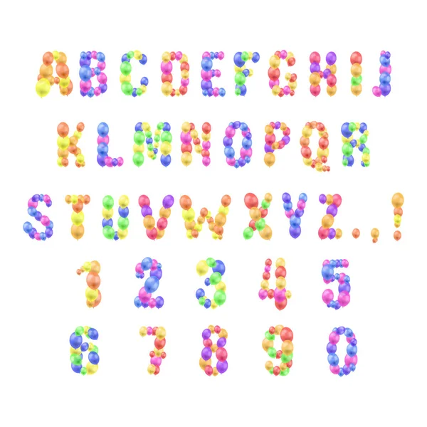 Conjunto de colores vectoriales aislados sobre fondo blanco, letras y números hechos de globos de colores brillantes, festivos — Archivo Imágenes Vectoriales