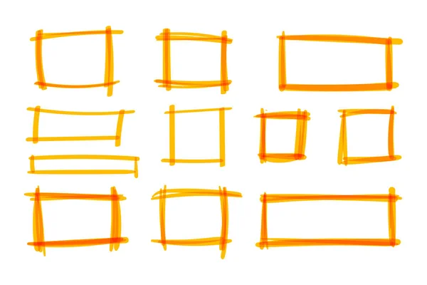Mano vectorial dibujada por un marcador iluminador amarillo marcos cuadrados en blanco conjunto aislado, colección de elementos de diseño. Ilustraciones De Stock Sin Royalties Gratis