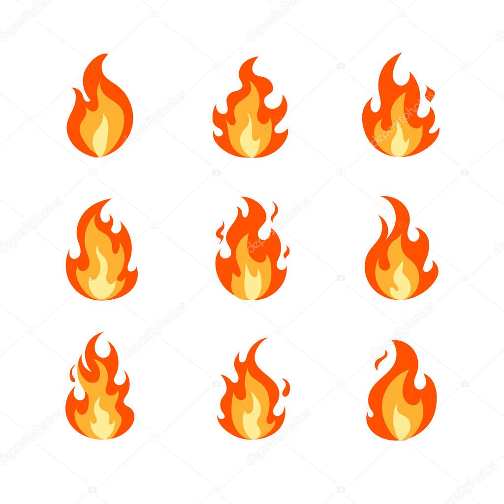 Vector Colorful Cartoon Fire Flames Set isolated on White Background, Vector Illustration Flat Design Style, Bright Bonfire or Candle Light.