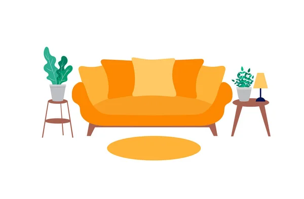 Sala de vectores, fondo de la sala de estar, ilustración de dibujos animados coloridos arte gráfico, sofá amarillo, brillante colorido. — Archivo Imágenes Vectoriales