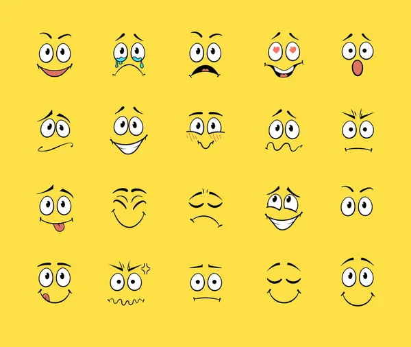 Conjunto vectorial de caras de dibujos animados Doodle, diferentes emociones Colección de iconos de ilustración colorida sobre fondo amarillo brillante. Ilustración De Stock