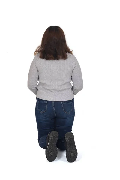 Rear View Woman Kneeling White Background — Stock Photo, Image