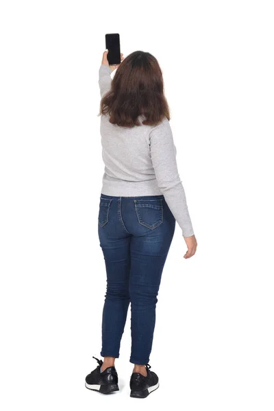 Rear View Woman Making Selfie White Background — Stock Photo, Image