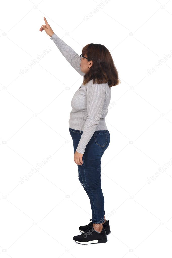 woman pointing up isolated on white background