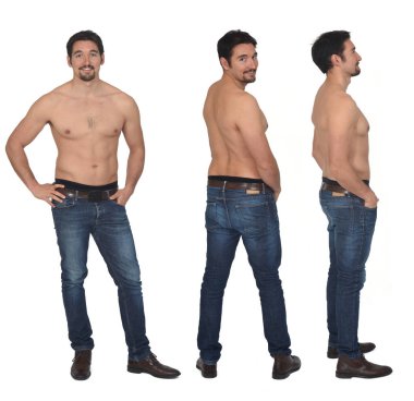  Aynı adamdan oluşan bir grup üstsüz ön, arka ve yan görünüm beyaz arka planda