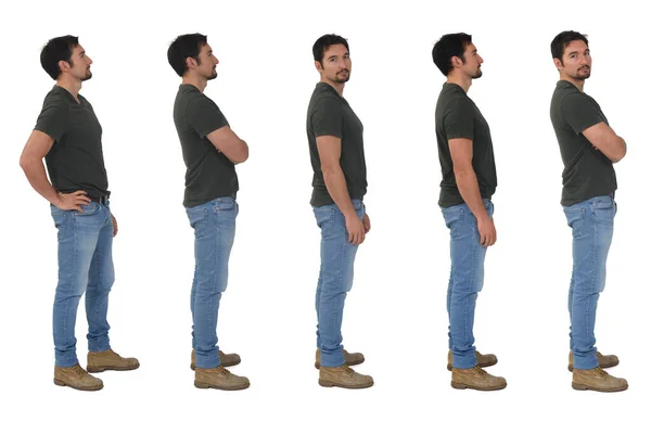 Seitenansicht Desselben Mannes Mit Verschiedenen Posen Auf Weißem Hintergrund — Stockfoto