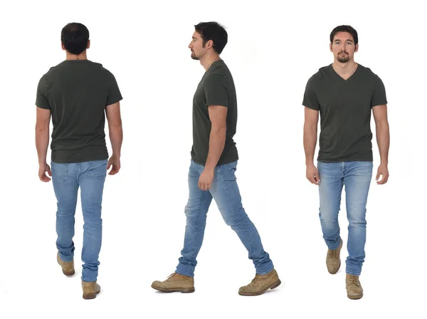 Vista Posteriore Laterale Anteriore Dello Stesso Uomo Che Cammina Sfondo — Foto Stock